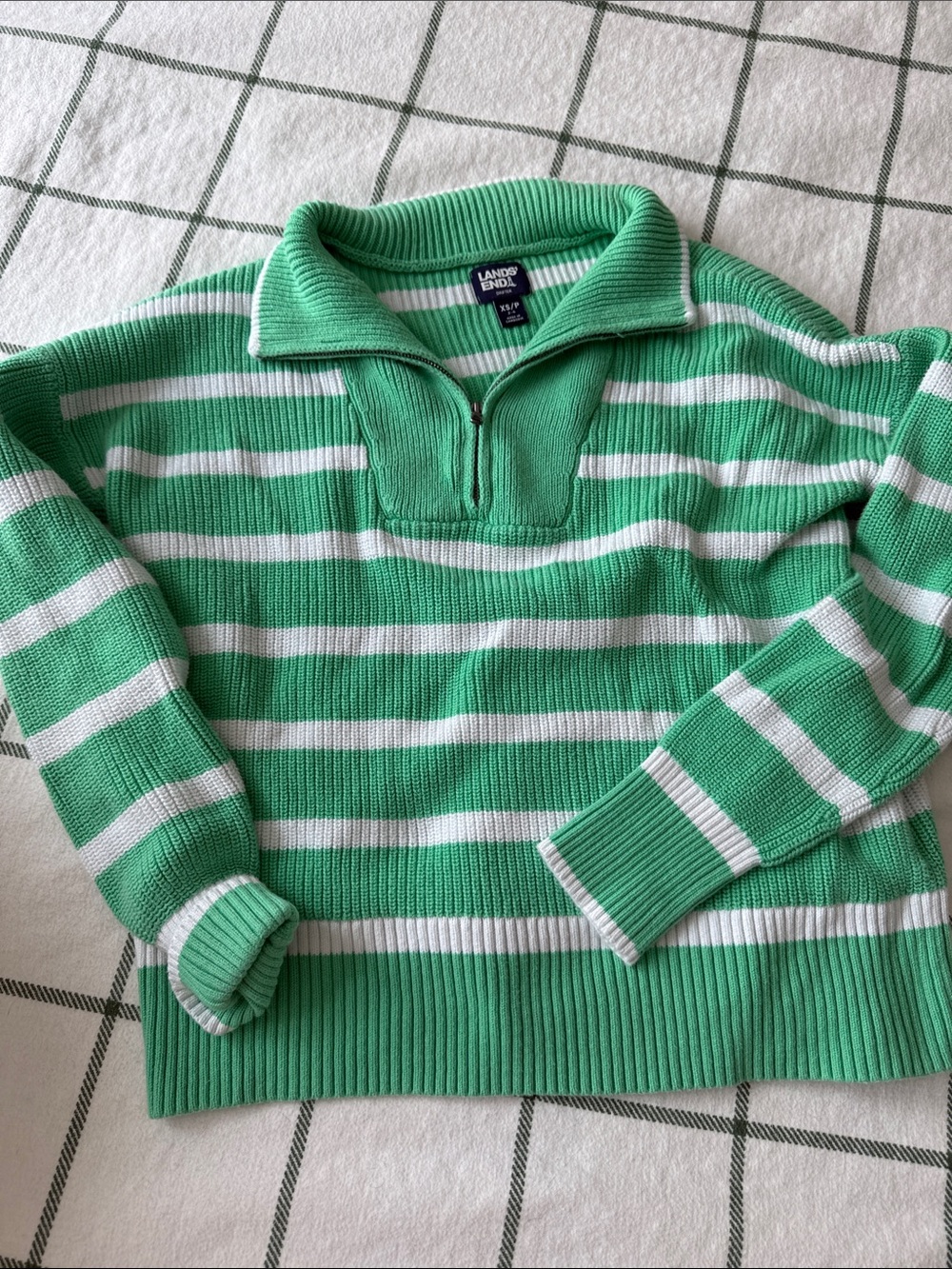 Lands' End women’s Green and White Striped Half-Zip Pullover